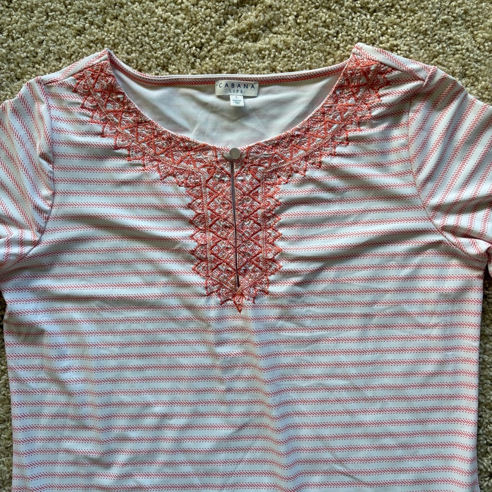 Cabana Life Coral Stripe Embroidered Cover Up Dress Size L NWT UPF Swim Tunic - Picture 3 of 8
